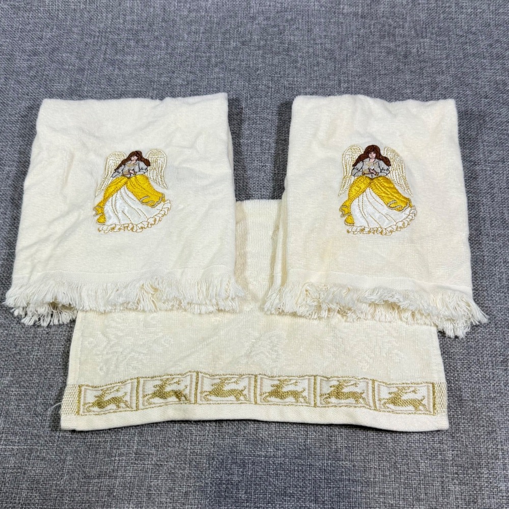 VTG JCPenney Angel Reindeer Hand Fingertip Towel Set of 3 Cream Gold Christmas